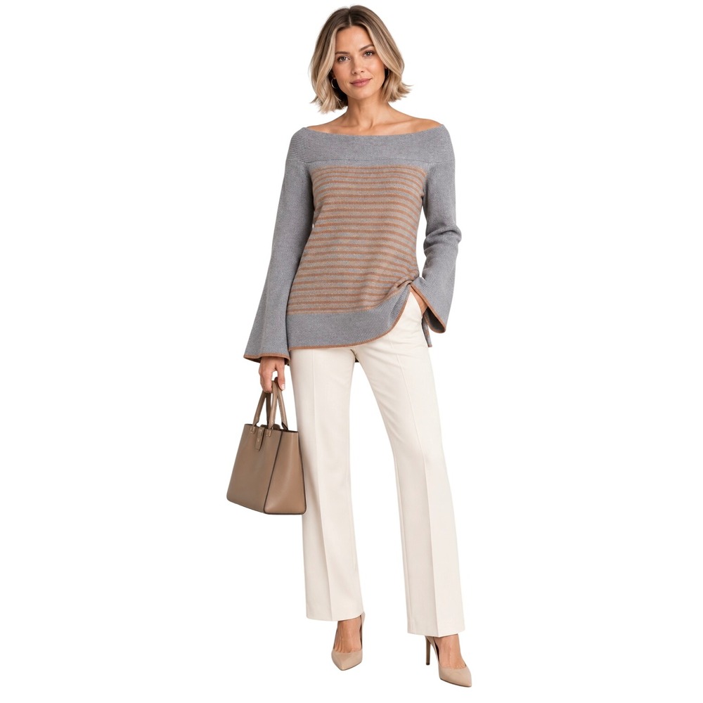 J.Crew NWT Gray Camel Stripe Off Shoulder Sweater M Bell Sleeve Side Slit